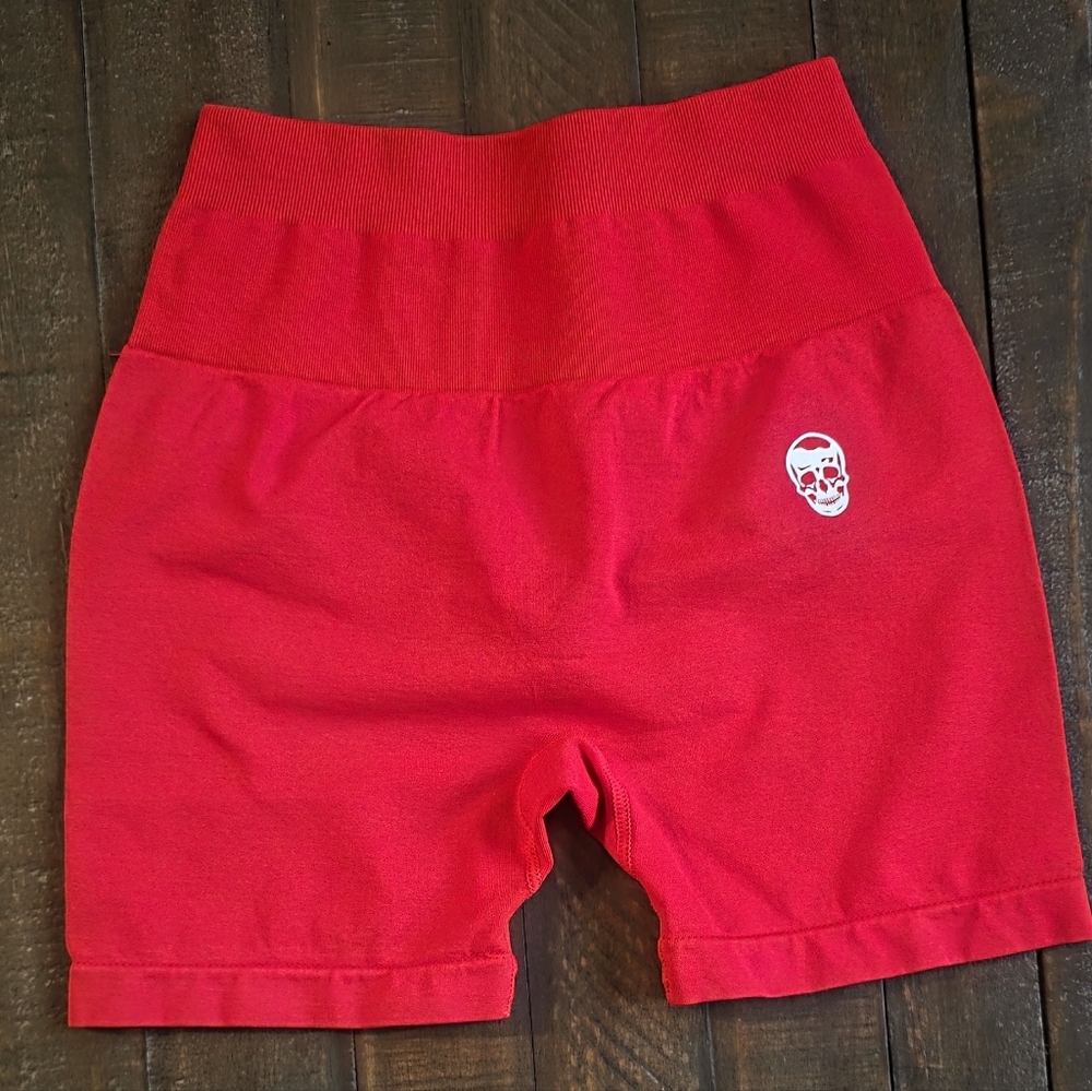 Red Athletic Bike Shorts with Skull Accent